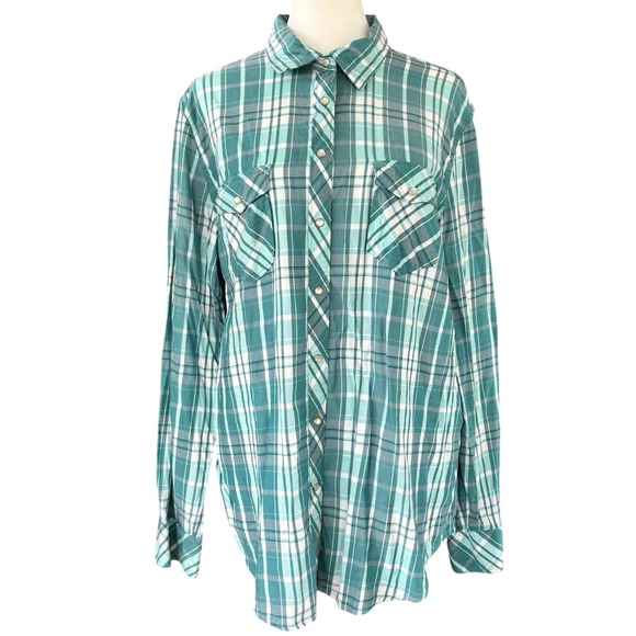 Bit & Bridle Teal White Plaid Pearl Snap Up Shirt Women's Large Soft Western - Picture 1 of 3